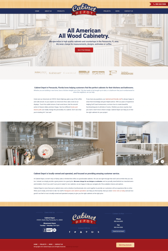 Mockup of Cabinet Depot website homepage by CleverOgre on desktop computer