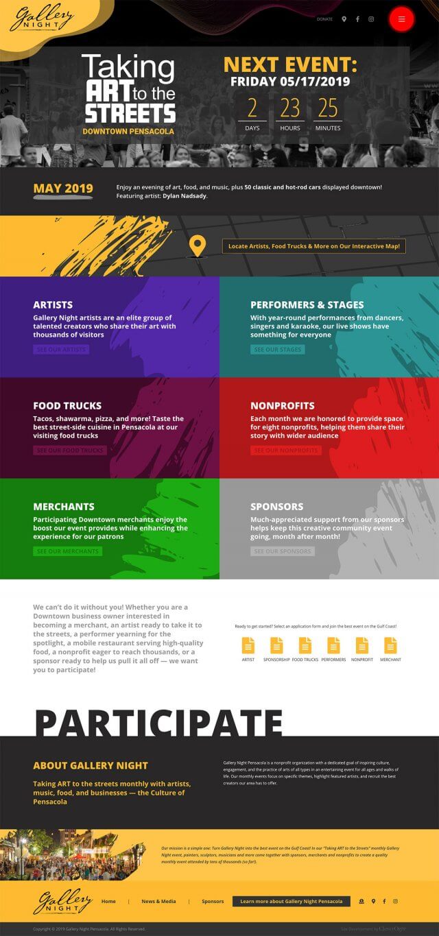 Desktop view of Gallery Night Pensacola website