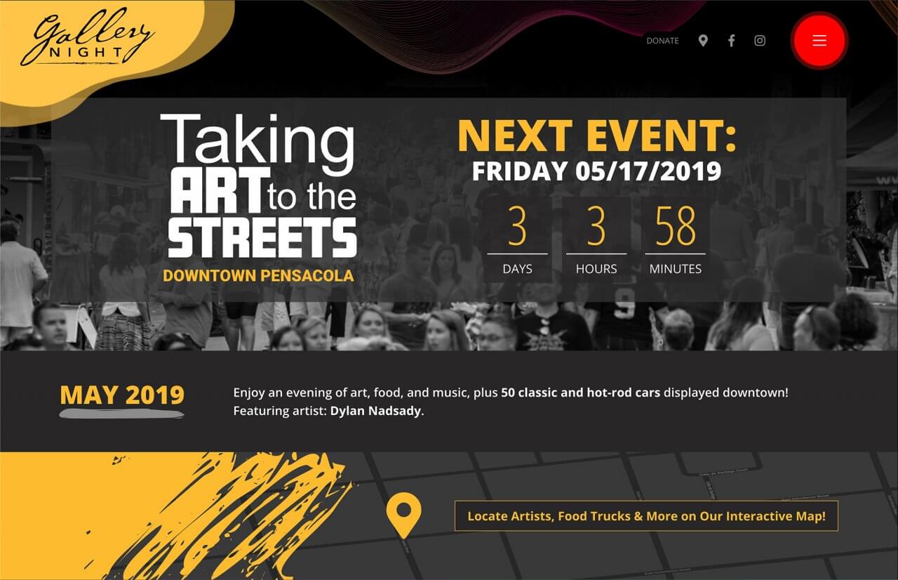 Homepage for the Gallery Night Pensacola website